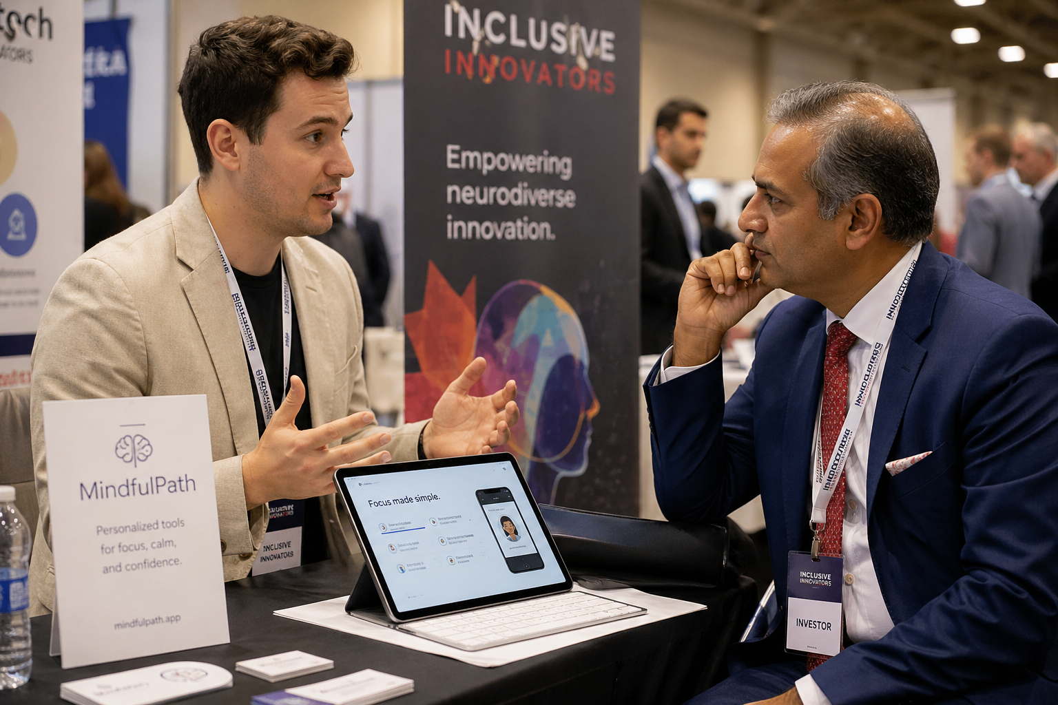A founder discussing an innovation demo with an investor at an Inclusive Innovators exhibition table.